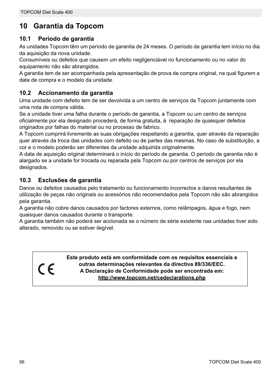 10 garantia da topcom | Topcom 400 User Manual | Page 56 / 88