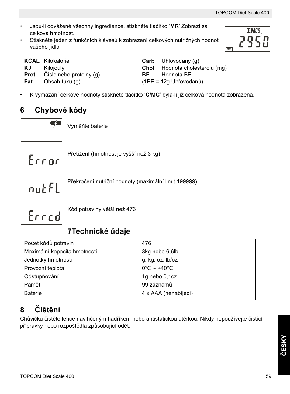 6chybové kódy, 7technické údaje 8 ýištční | Topcom 400 User Manual | Page 59 / 88