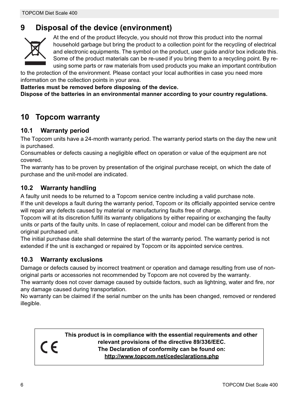 9disposal of the device (environment), 10 topcom warranty | Topcom 400 User Manual | Page 6 / 88