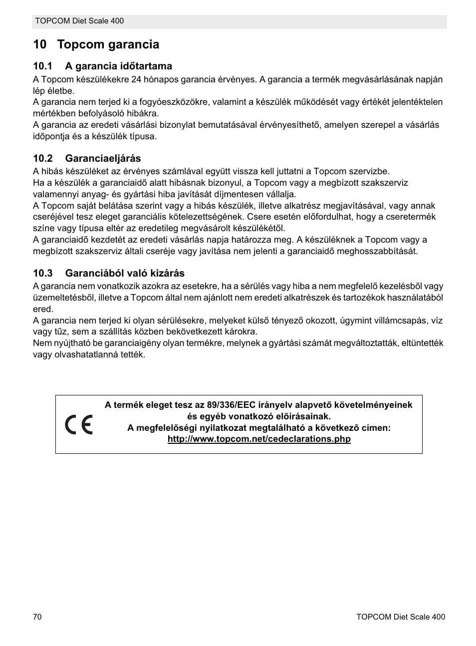 10 topcom garancia | Topcom 400 User Manual | Page 70 / 88