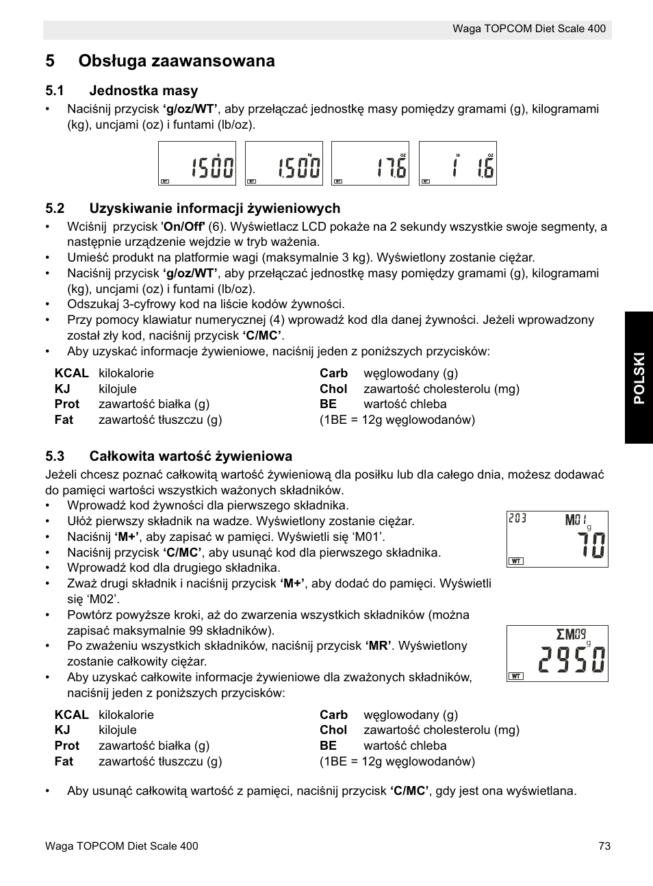 5obsáuga zaawansowana, Polski, 1 jednostka masy | 2 uzyskiwanie informacji īywieniowych, 3 caákowita wartoğü īywieniowa | Topcom 400 User Manual | Page 73 / 88