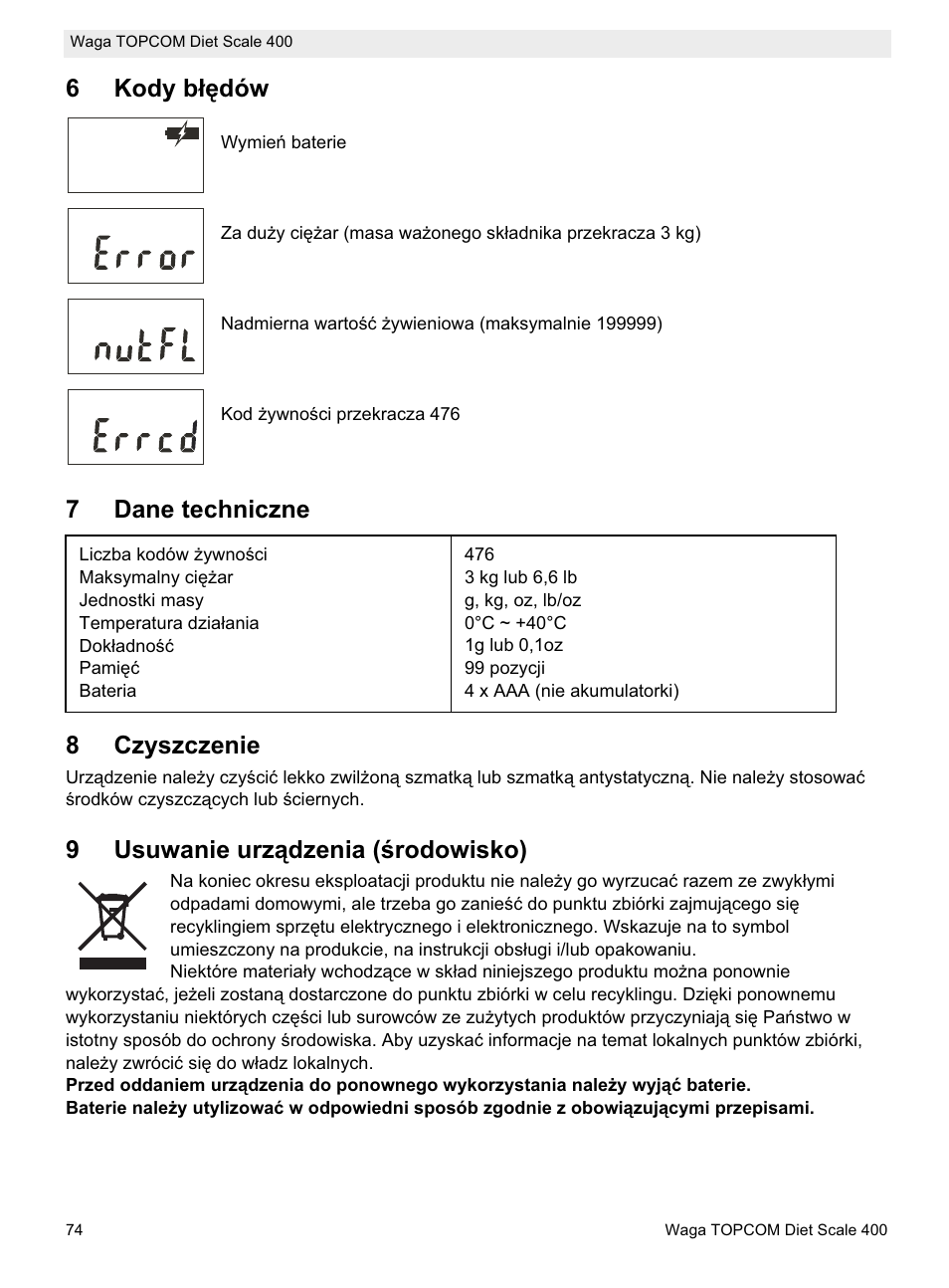 6kody báċdów, 7dane techniczne 8 czyszczenie, 9usuwanie urządzenia (ğrodowisko) | Topcom 400 User Manual | Page 74 / 88