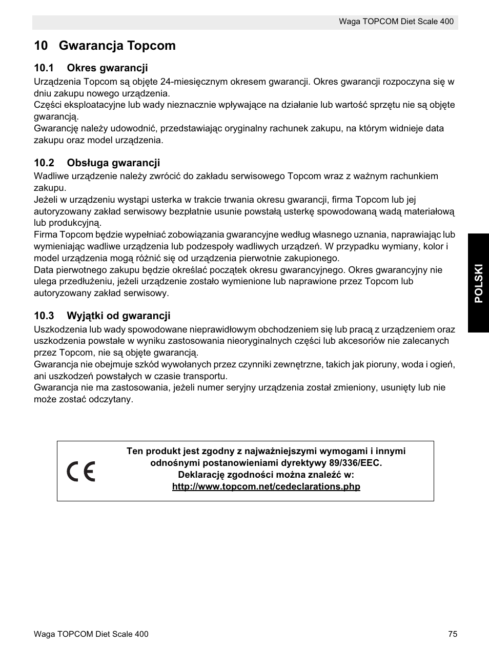 10 gwarancja topcom | Topcom 400 User Manual | Page 75 / 88