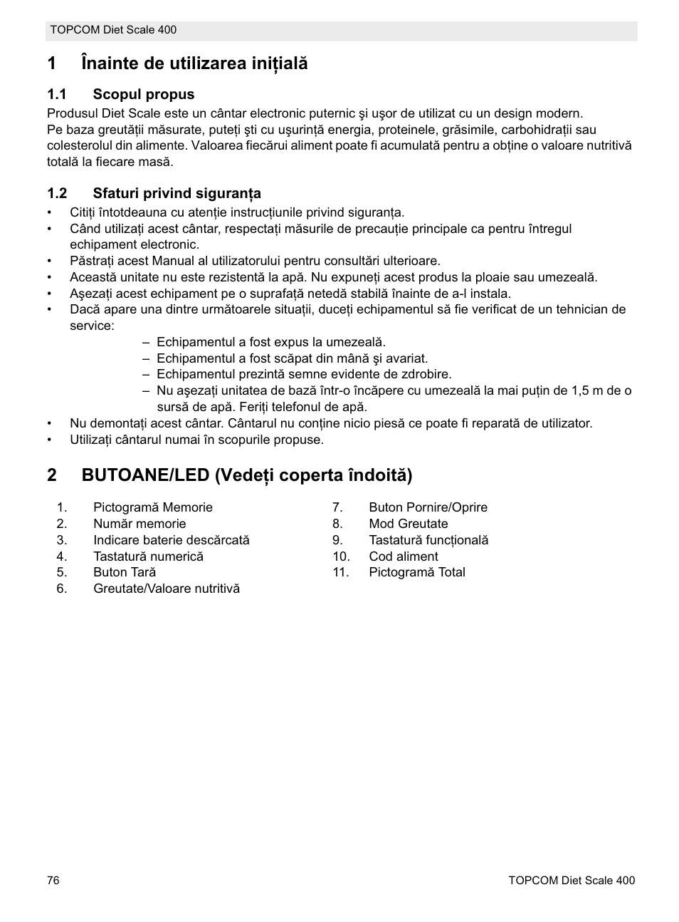 1înainte de utilizarea iniġială, 2butoane/led (vedeġi coperta îndoită) | Topcom 400 User Manual | Page 76 / 88