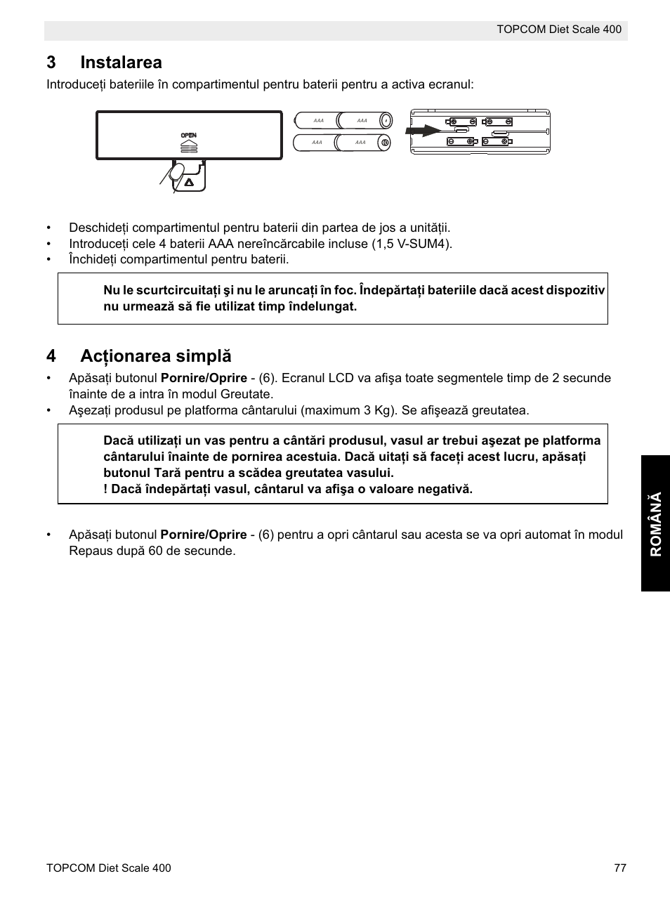 3instalarea, 4acġionarea simplă | Topcom 400 User Manual | Page 77 / 88