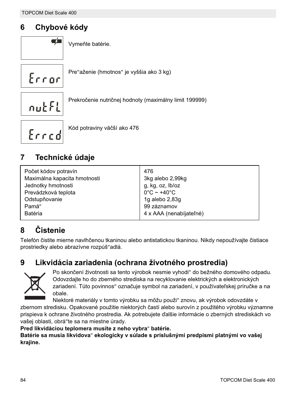 6chybové kódy, 7technické údaje 8 ýistenie | Topcom 400 User Manual | Page 84 / 88