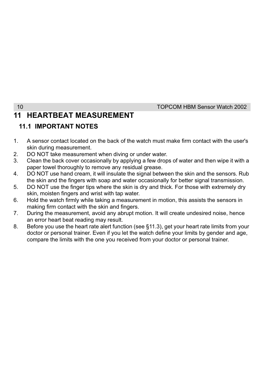 11 heartbeat measurement | Topcom HBM Sensor Watch 2002 User Manual | Page 10 / 72