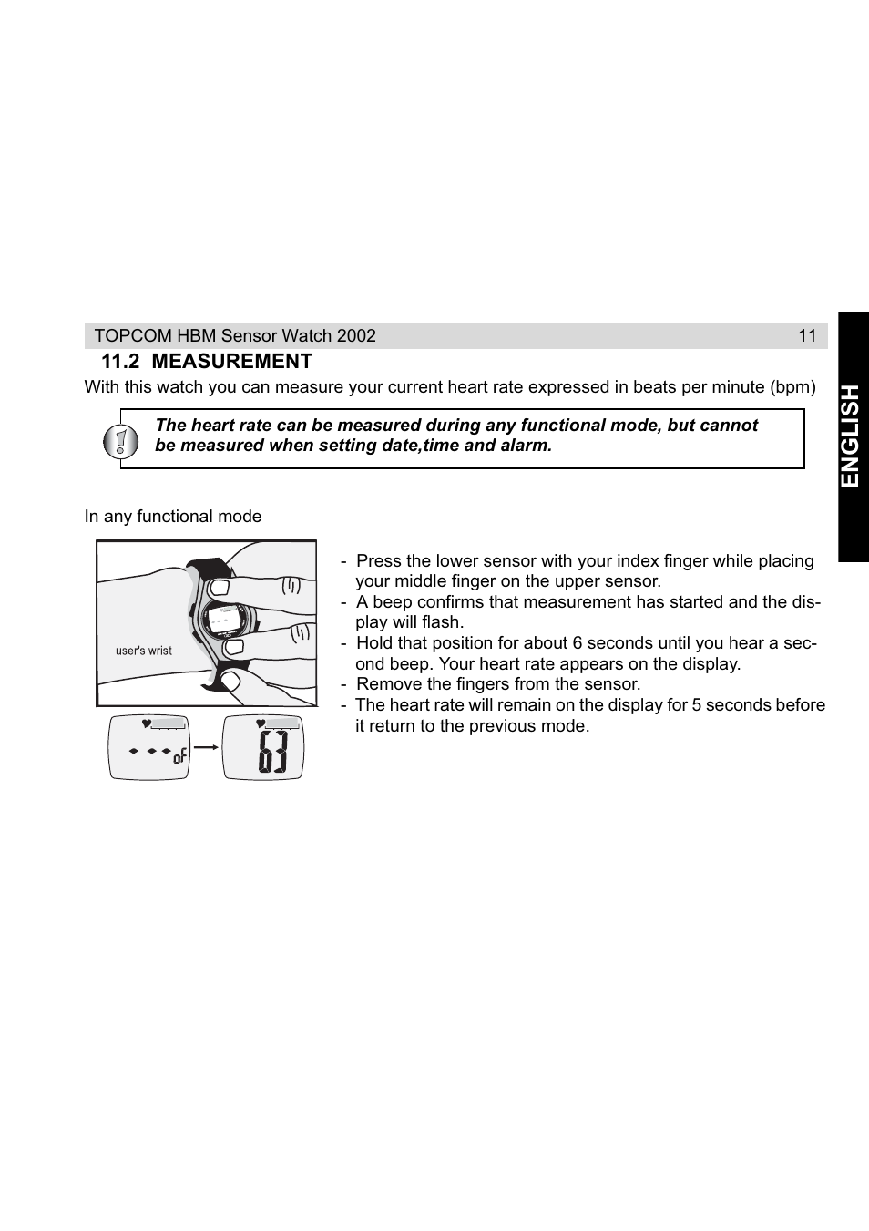 English | Topcom HBM Sensor Watch 2002 User Manual | Page 11 / 72