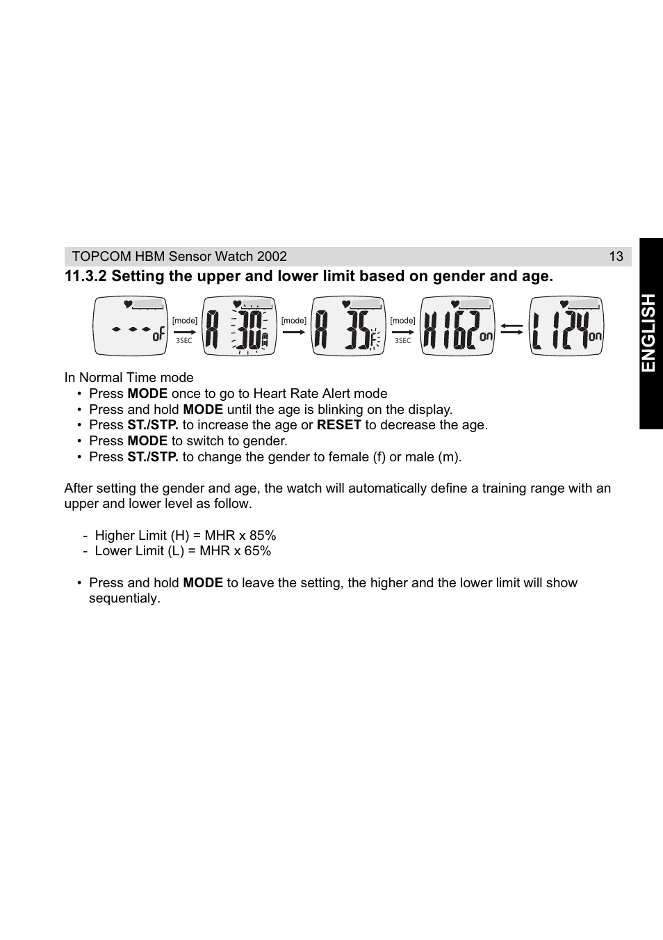 English | Topcom HBM Sensor Watch 2002 User Manual | Page 13 / 72