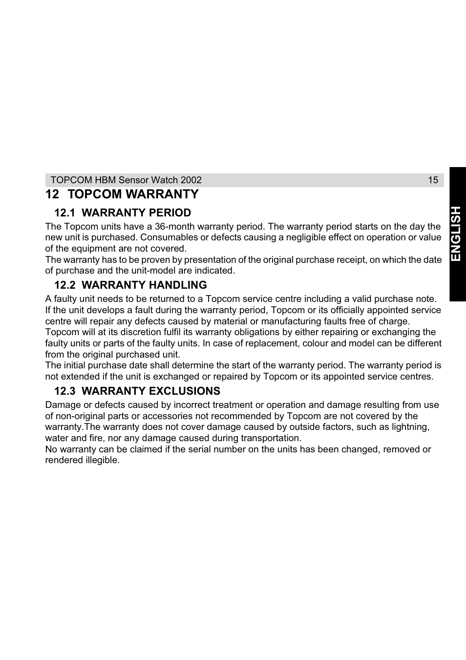 English 12 topcom warranty | Topcom HBM Sensor Watch 2002 User Manual | Page 15 / 72