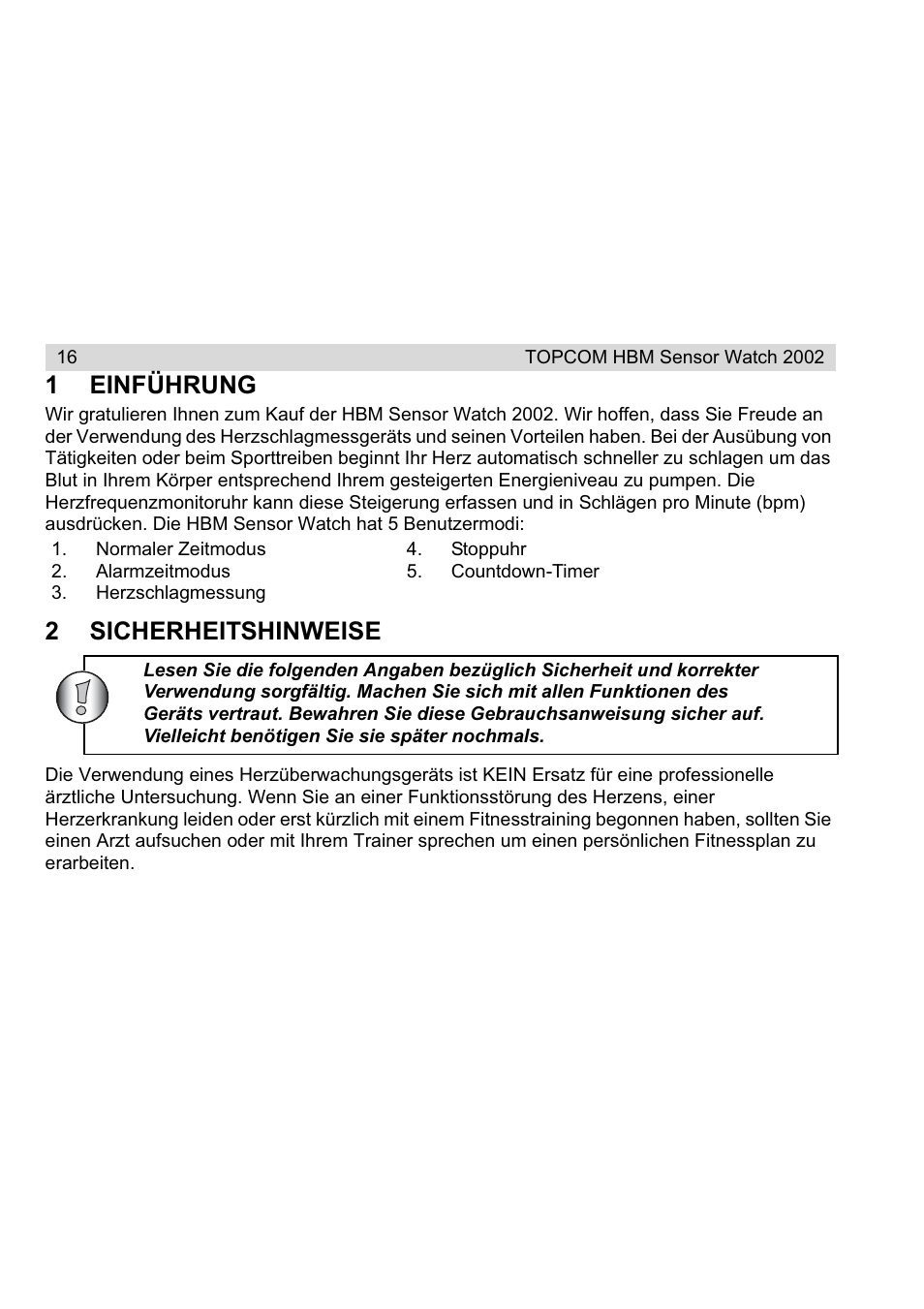 1einführung, 2sicherheitshinweise | Topcom HBM Sensor Watch 2002 User Manual | Page 16 / 72