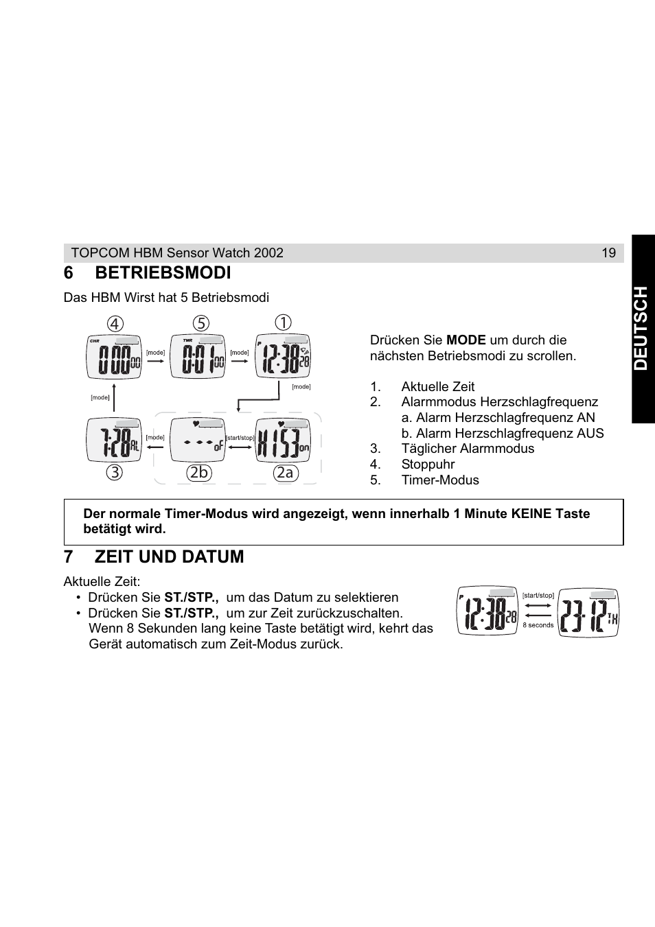 Deu tsch 6 betriebsmodi, 7zeit und datum | Topcom HBM Sensor Watch 2002 User Manual | Page 19 / 72