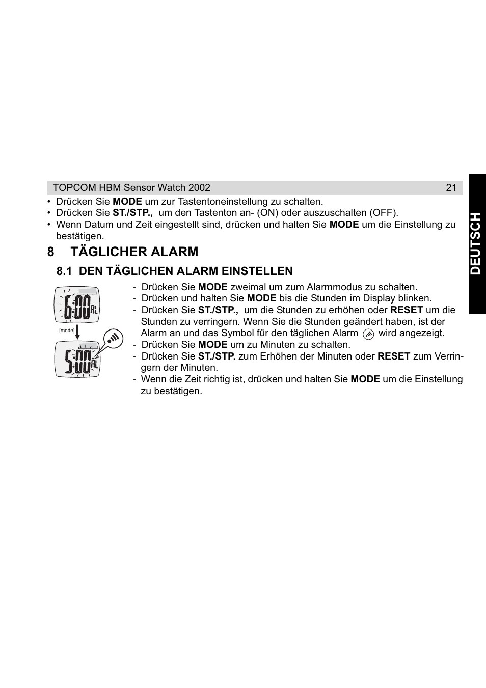 Deu tsch, 8täglicher alarm | Topcom HBM Sensor Watch 2002 User Manual | Page 21 / 72