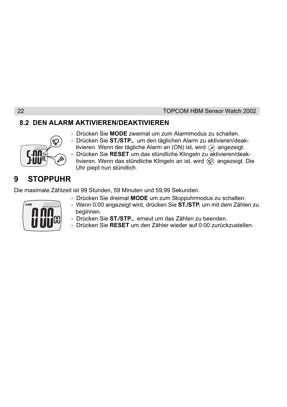 9stoppuhr | Topcom HBM Sensor Watch 2002 User Manual | Page 22 / 72