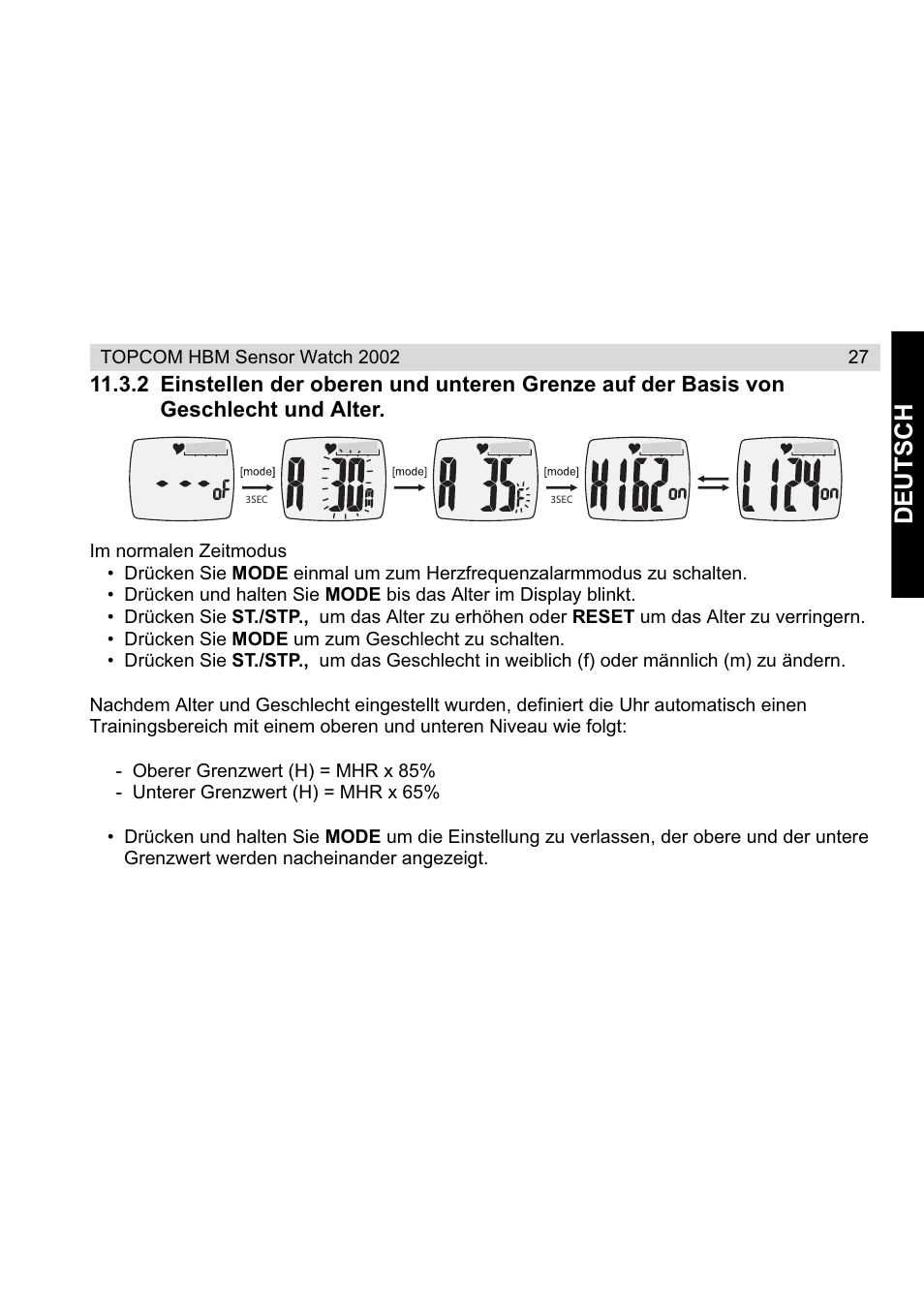 Deu tsch | Topcom HBM Sensor Watch 2002 User Manual | Page 27 / 72