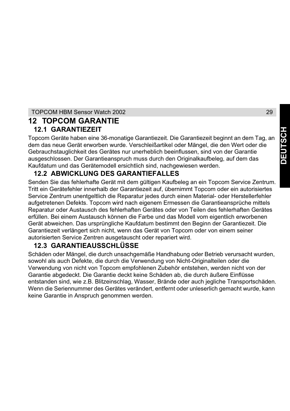 Deu tsch 12 topcom garantie | Topcom HBM Sensor Watch 2002 User Manual | Page 29 / 72