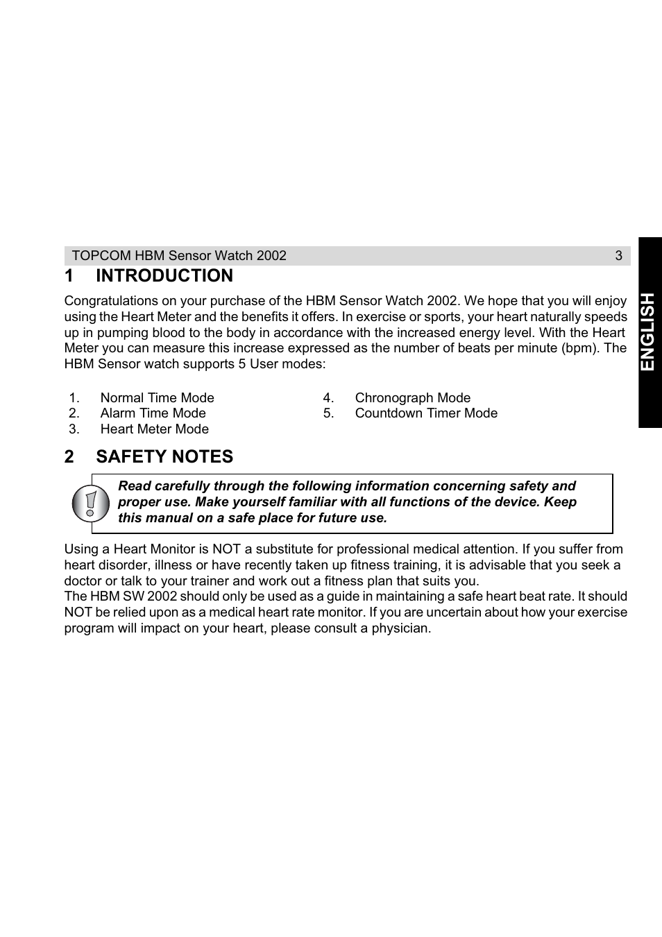 English 1 introduction | Topcom HBM Sensor Watch 2002 User Manual | Page 3 / 72