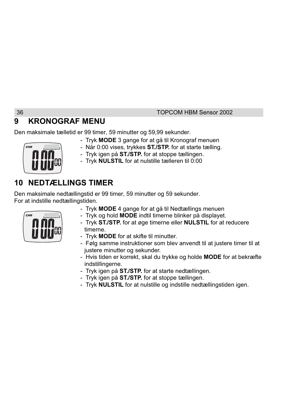 9kronograf menu, 10 nedtællings timer | Topcom HBM Sensor Watch 2002 User Manual | Page 36 / 72