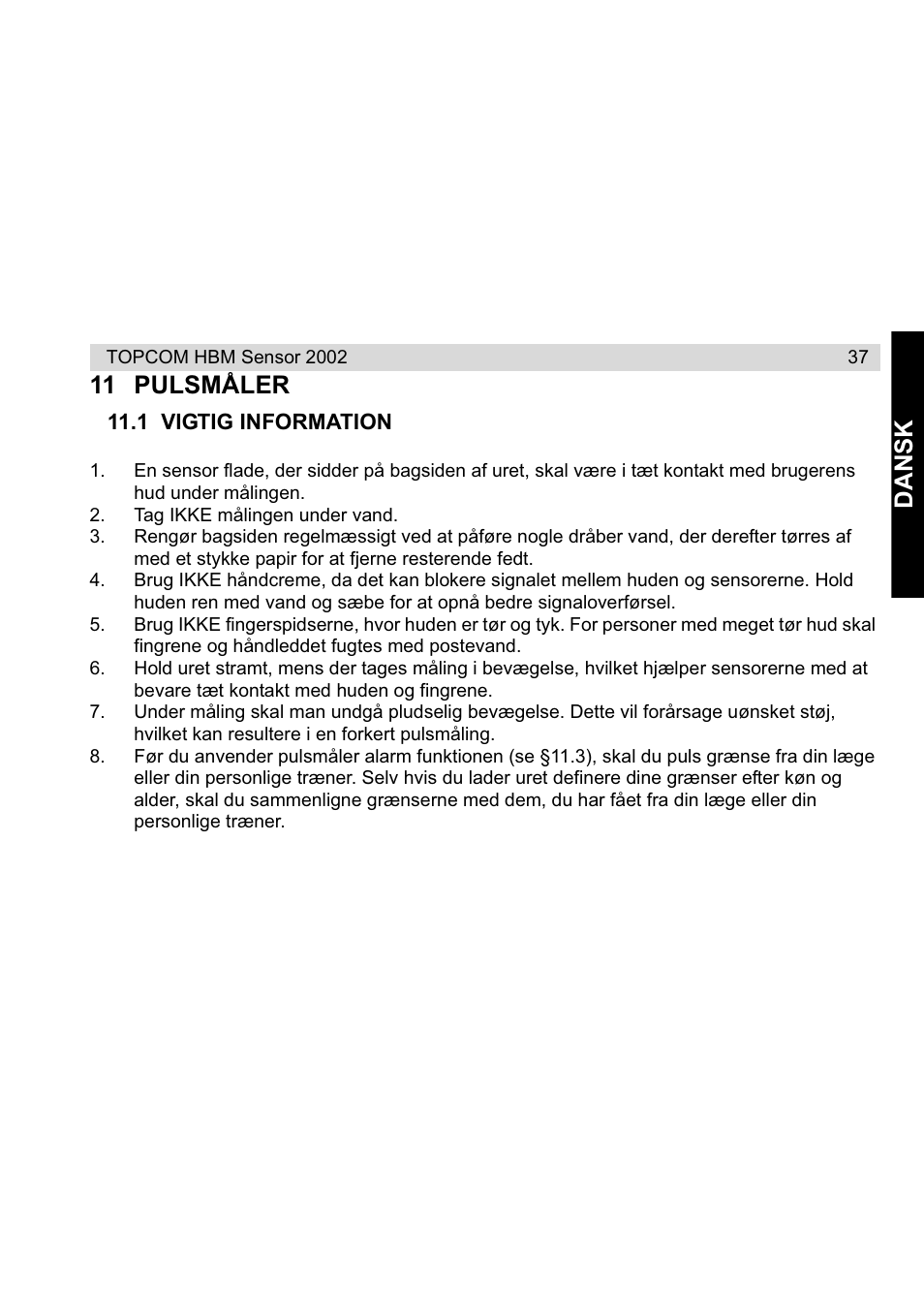 Dansk, 11 pulsmåler | Topcom HBM Sensor Watch 2002 User Manual | Page 37 / 72