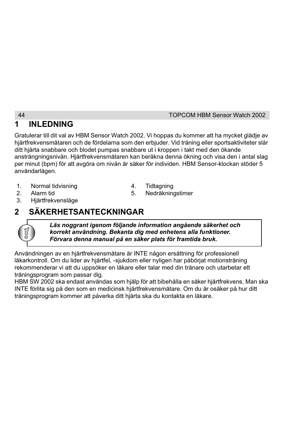 1inledning, 2säkerhetsanteckningar | Topcom HBM Sensor Watch 2002 User Manual | Page 44 / 72