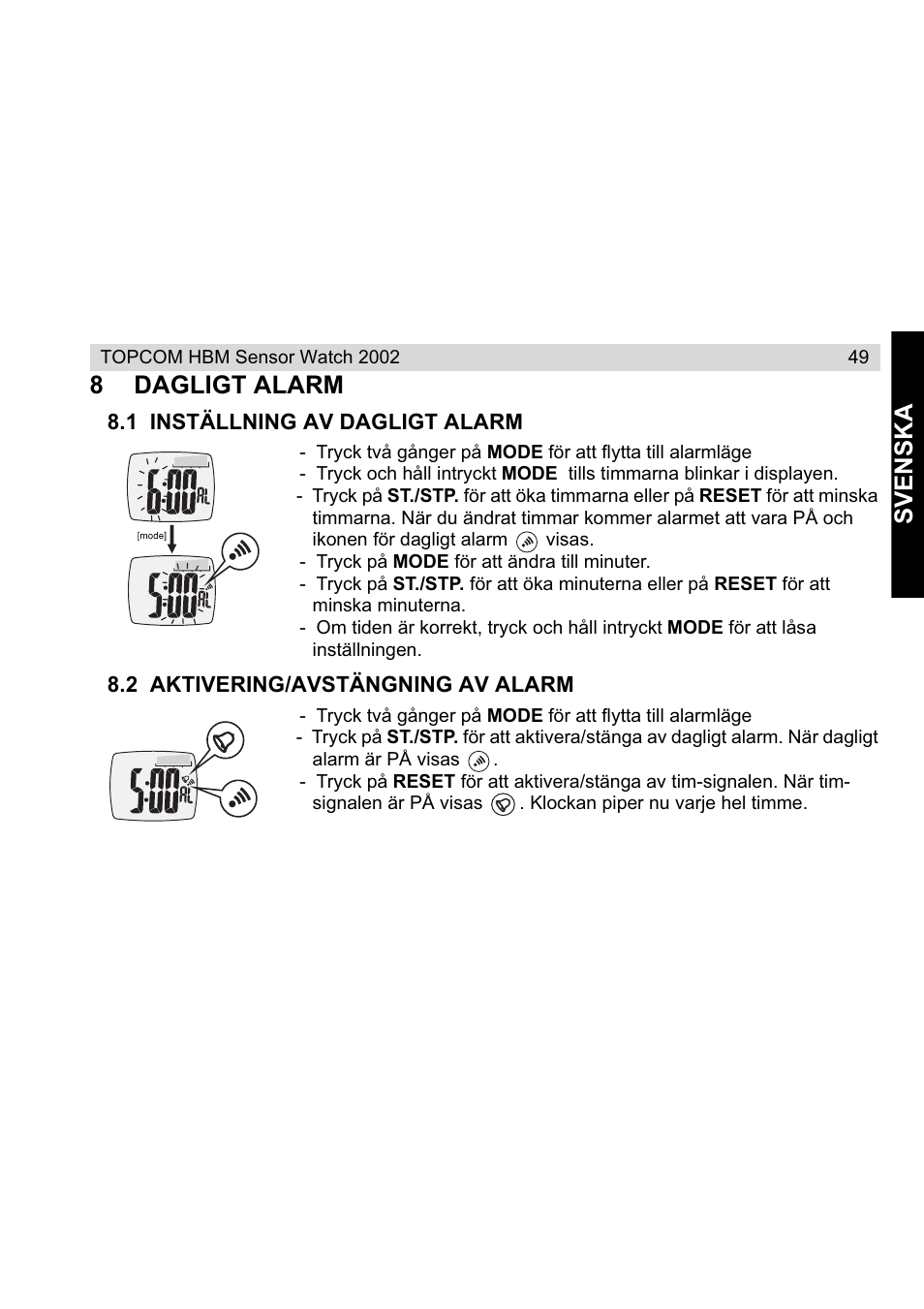 Svenska, 8dagligt alarm | Topcom HBM Sensor Watch 2002 User Manual | Page 49 / 72