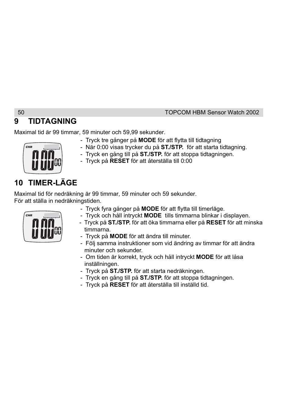 9tidtagning, 10 timer-läge | Topcom HBM Sensor Watch 2002 User Manual | Page 50 / 72