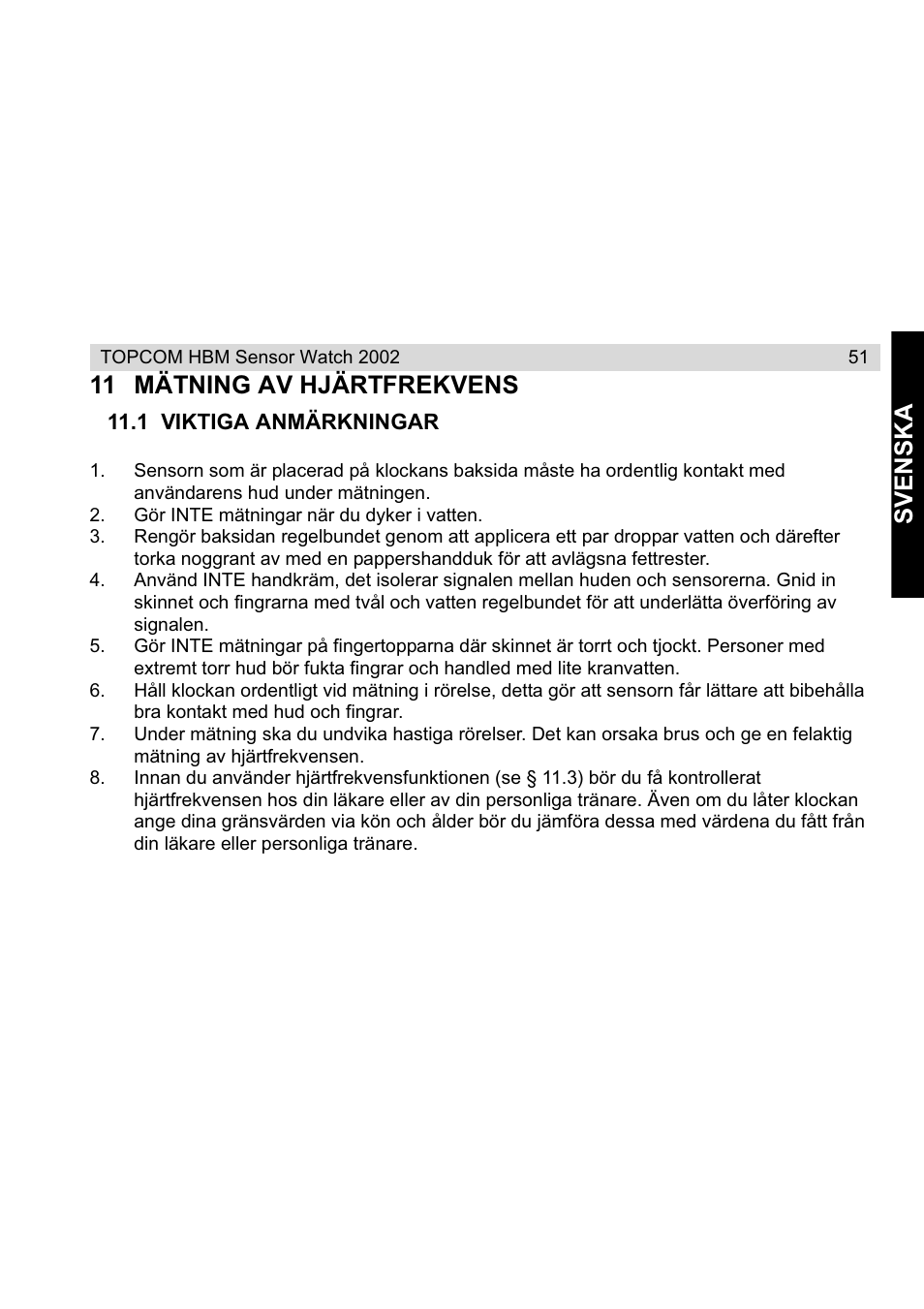 Svenska, 11 mätning av hjärtfrekvens | Topcom HBM Sensor Watch 2002 User Manual | Page 51 / 72