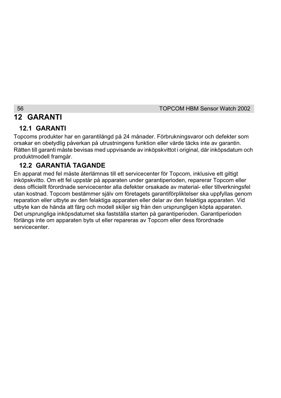 12 garanti | Topcom HBM Sensor Watch 2002 User Manual | Page 56 / 72