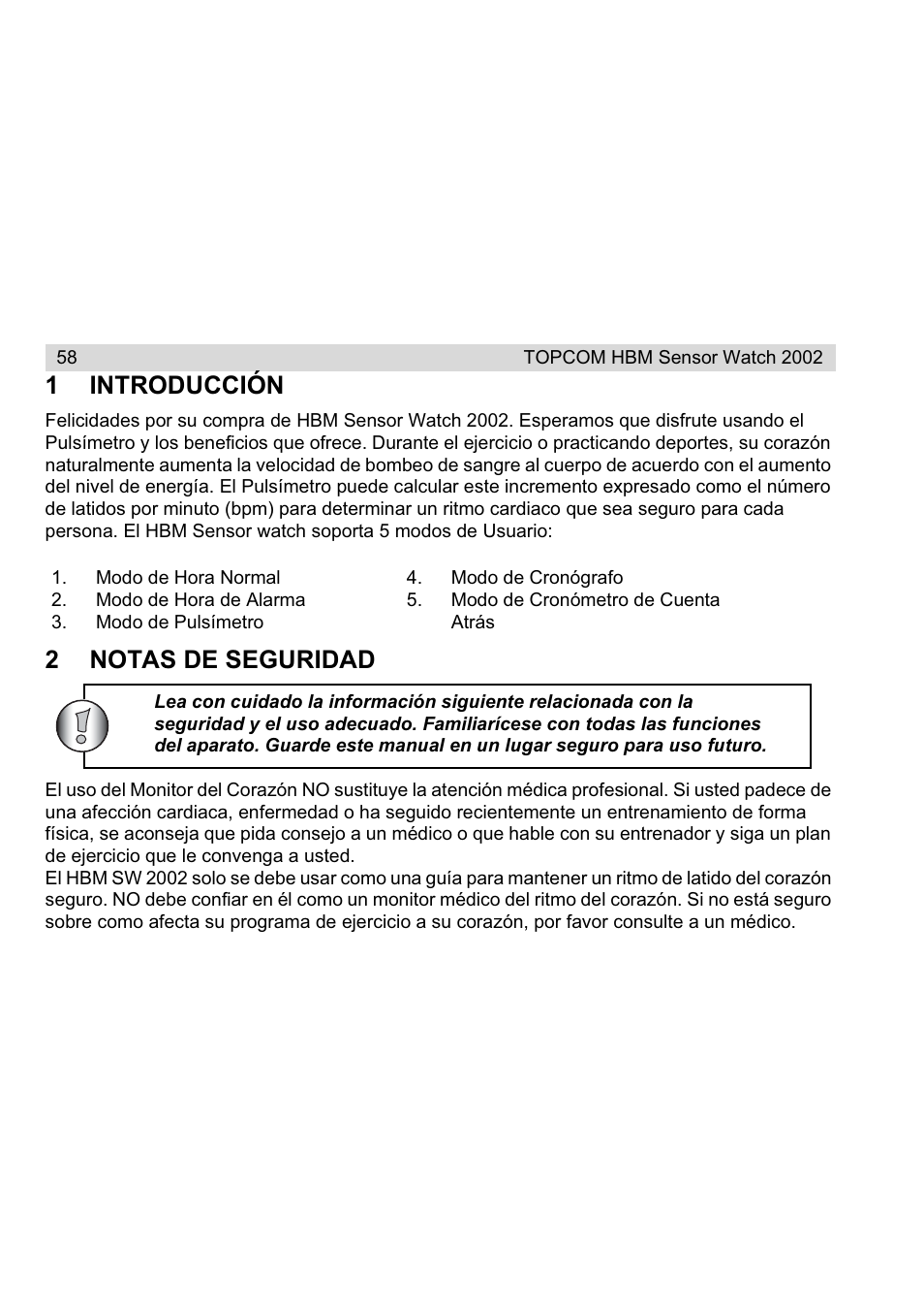 1introducción, 2notas de seguridad | Topcom HBM Sensor Watch 2002 User Manual | Page 58 / 72