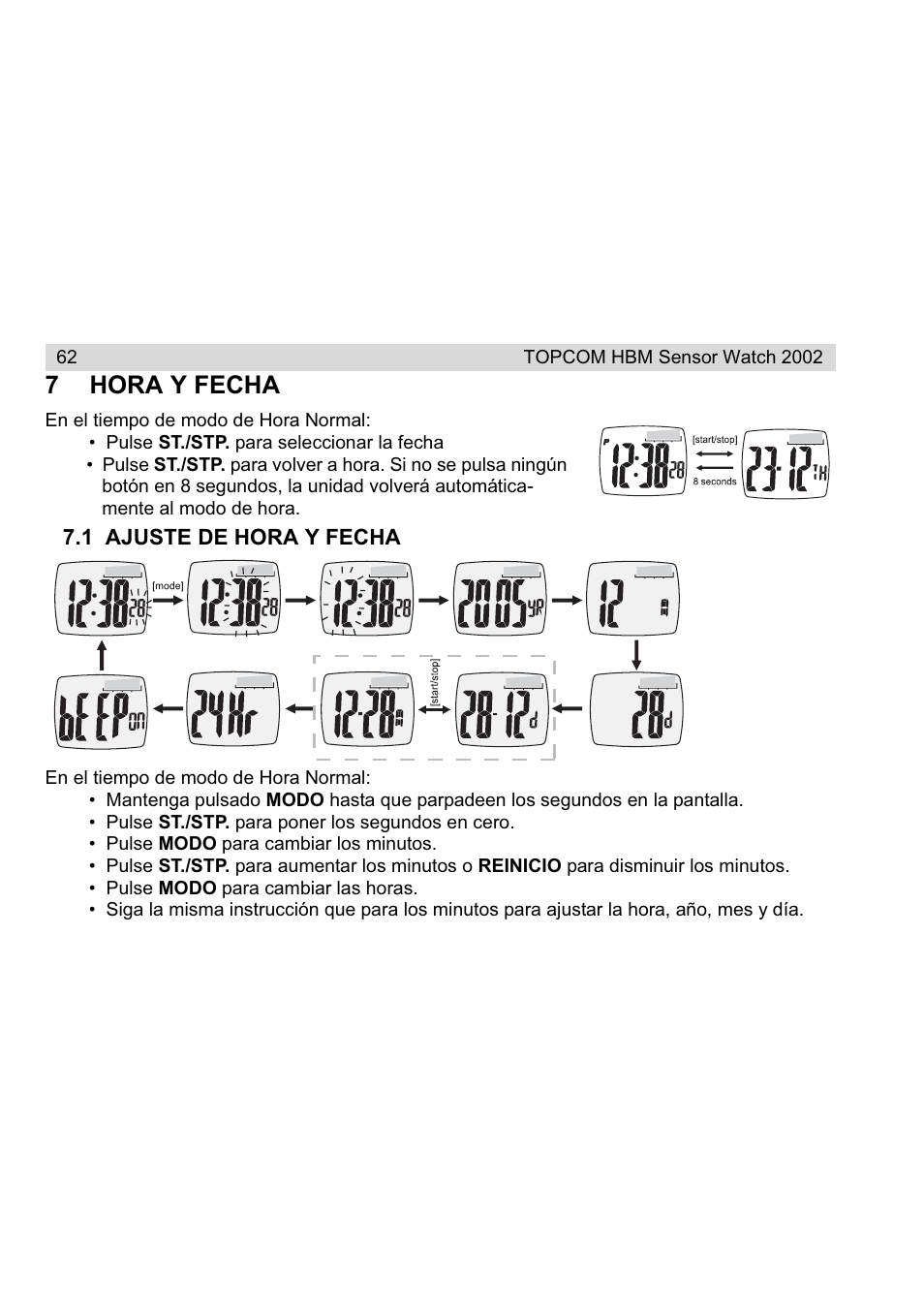 7hora y fecha | Topcom HBM Sensor Watch 2002 User Manual | Page 62 / 72