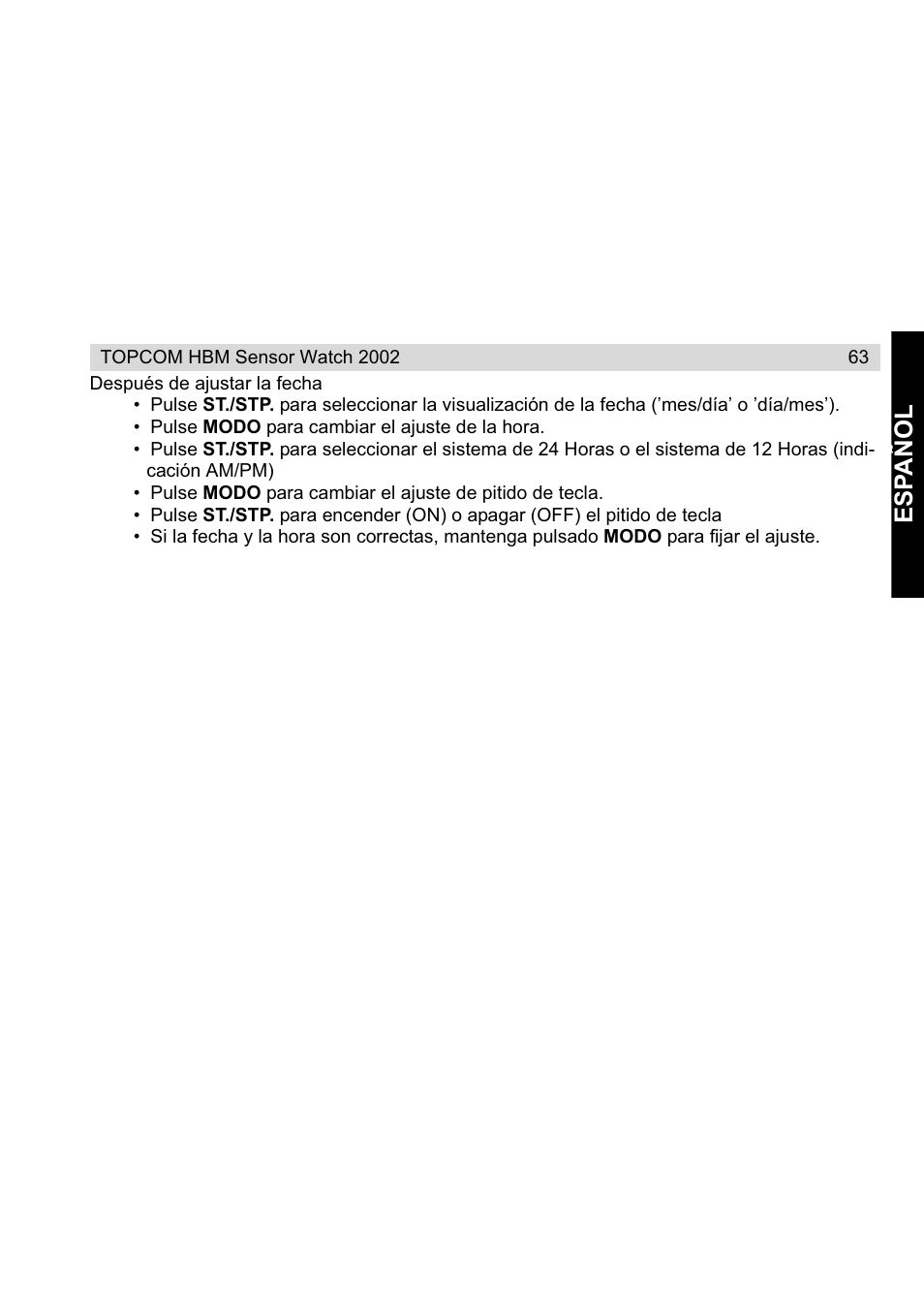 Esp a ñ ol | Topcom HBM Sensor Watch 2002 User Manual | Page 63 / 72