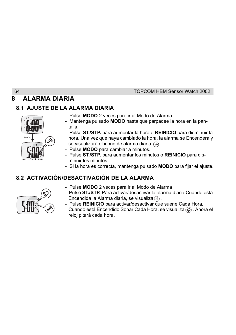 8alarma diaria | Topcom HBM Sensor Watch 2002 User Manual | Page 64 / 72