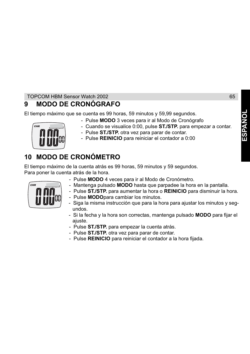 Esp a ñ ol, 9modo de cronógrafo, 10 modo de cronómetro | Topcom HBM Sensor Watch 2002 User Manual | Page 65 / 72