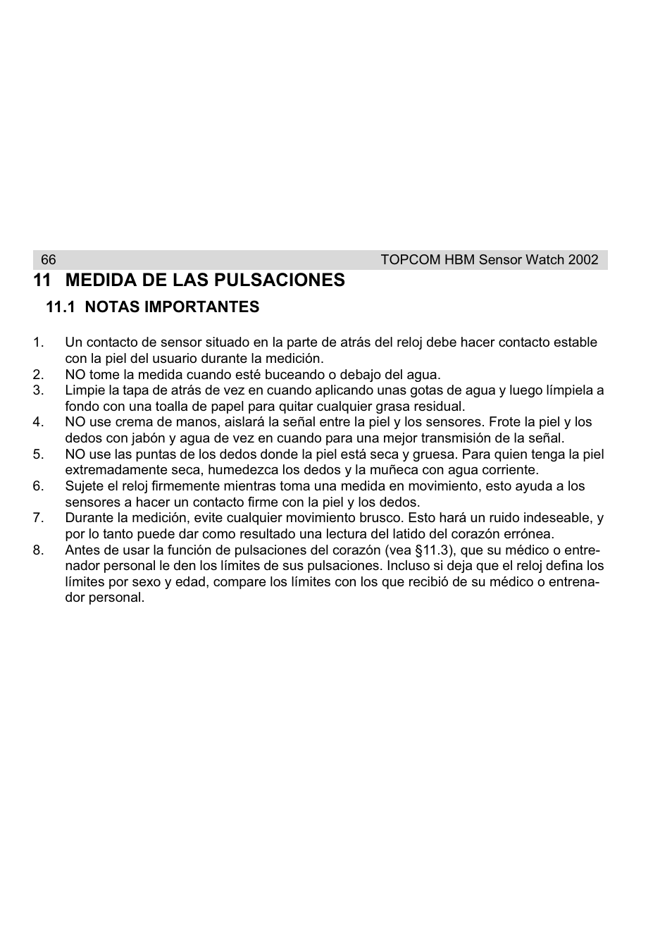 11 medida de las pulsaciones | Topcom HBM Sensor Watch 2002 User Manual | Page 66 / 72