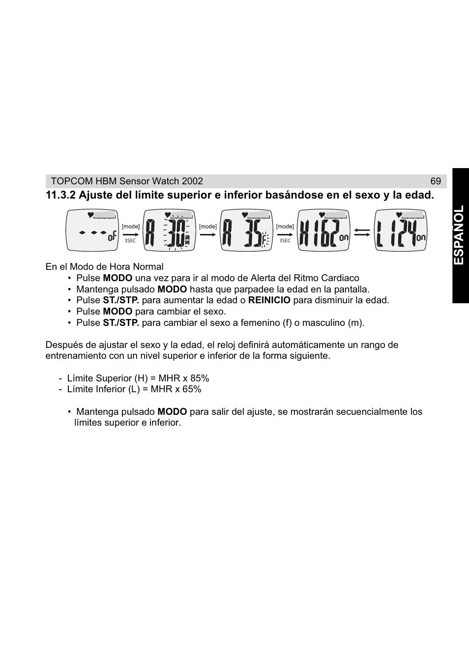 Esp a ñ ol | Topcom HBM Sensor Watch 2002 User Manual | Page 69 / 72
