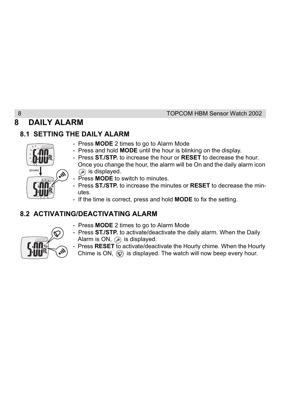 8daily alarm | Topcom HBM Sensor Watch 2002 User Manual | Page 8 / 72