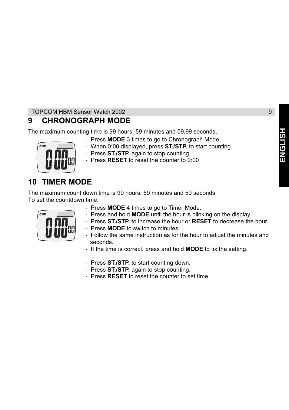 English 9 chronograph mode, 10 timer mode | Topcom HBM Sensor Watch 2002 User Manual | Page 9 / 72