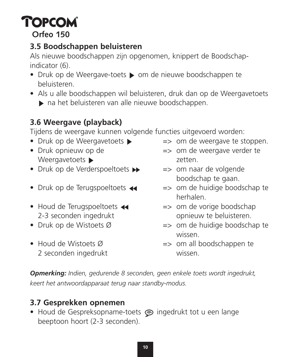 Topcom ORFEO 150 User Manual | Page 10 / 44