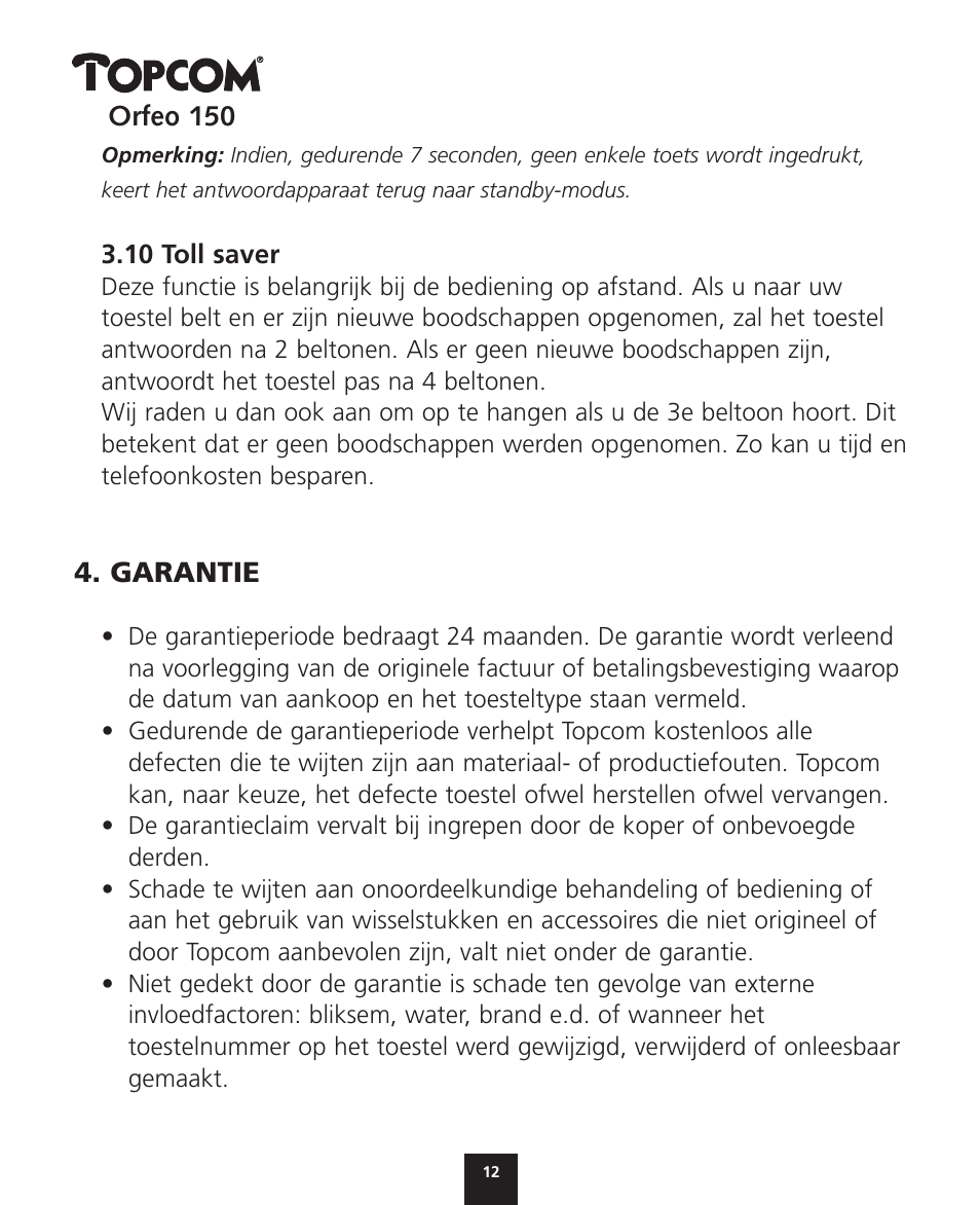 Garantie | Topcom ORFEO 150 User Manual | Page 12 / 44