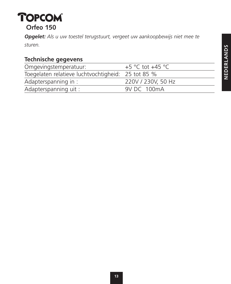 Orfeo 150 | Topcom ORFEO 150 User Manual | Page 13 / 44