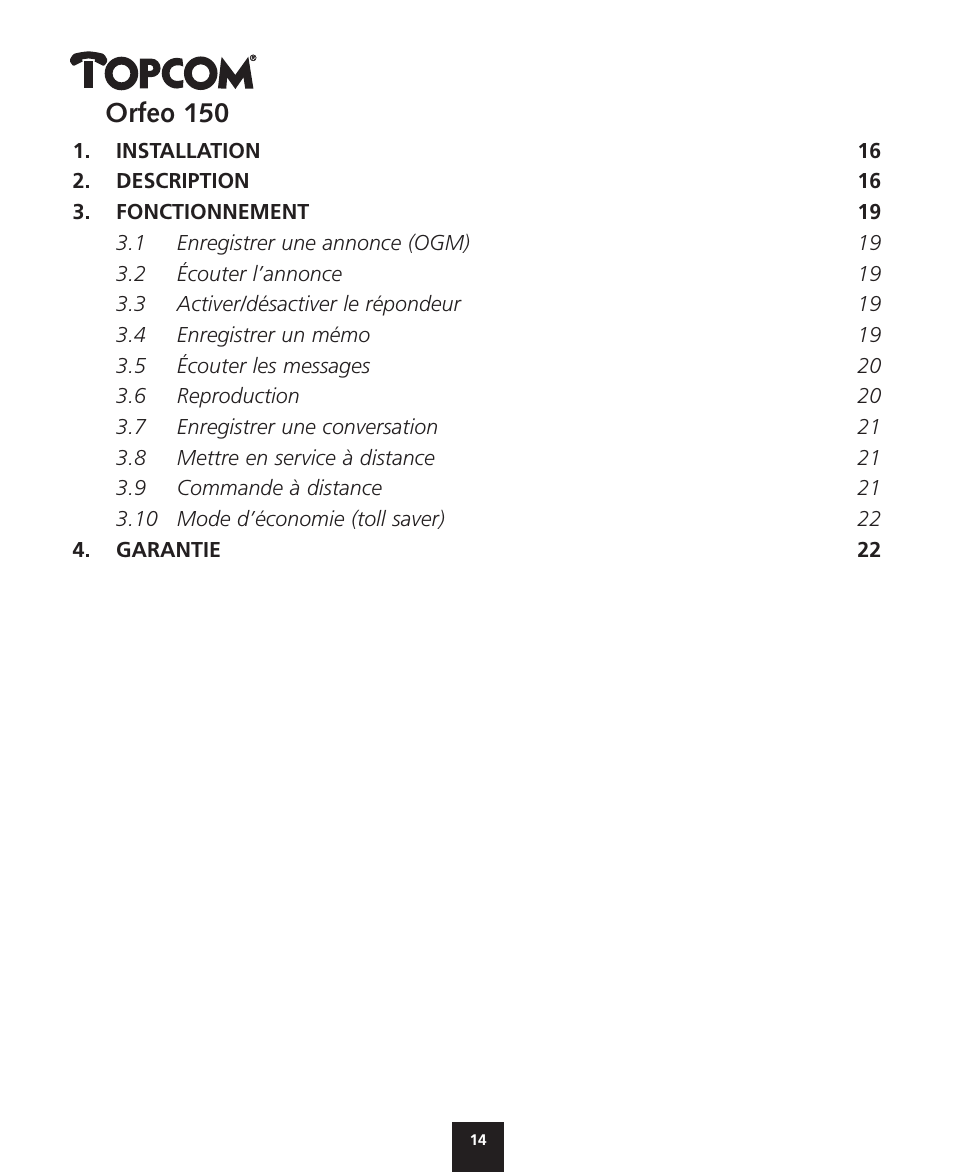 Français, Orfeo 150 | Topcom ORFEO 150 User Manual | Page 14 / 44