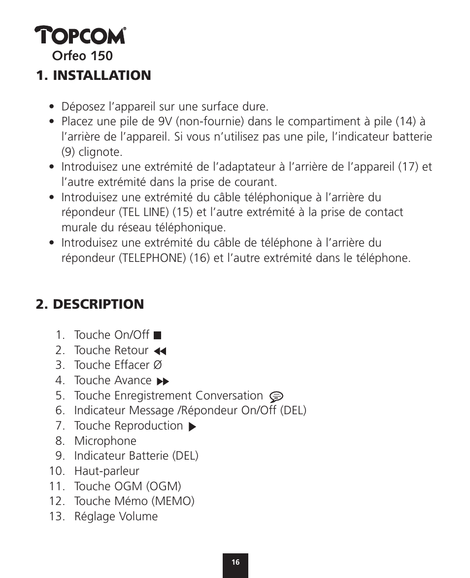 Topcom ORFEO 150 User Manual | Page 16 / 44