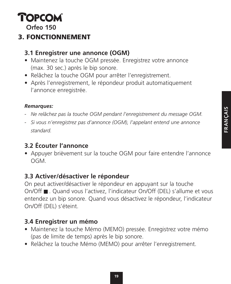 Fonctionnement | Topcom ORFEO 150 User Manual | Page 19 / 44