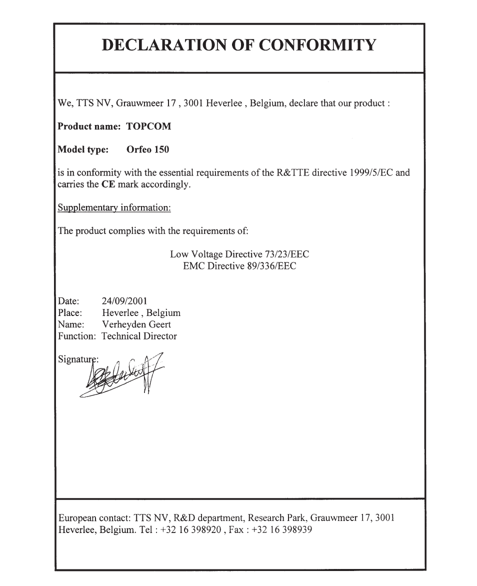 Topcom ORFEO 150 User Manual | Page 2 / 44