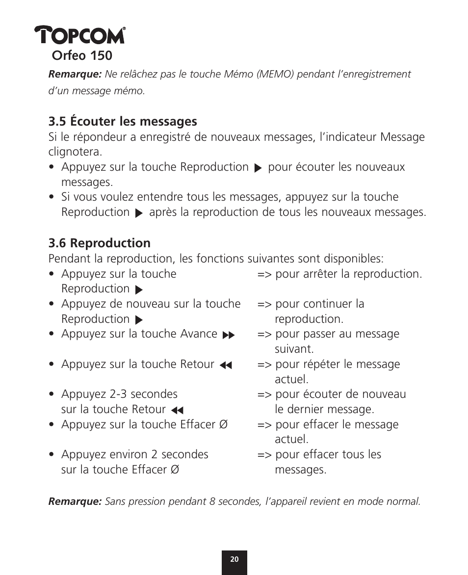 Topcom ORFEO 150 User Manual | Page 20 / 44