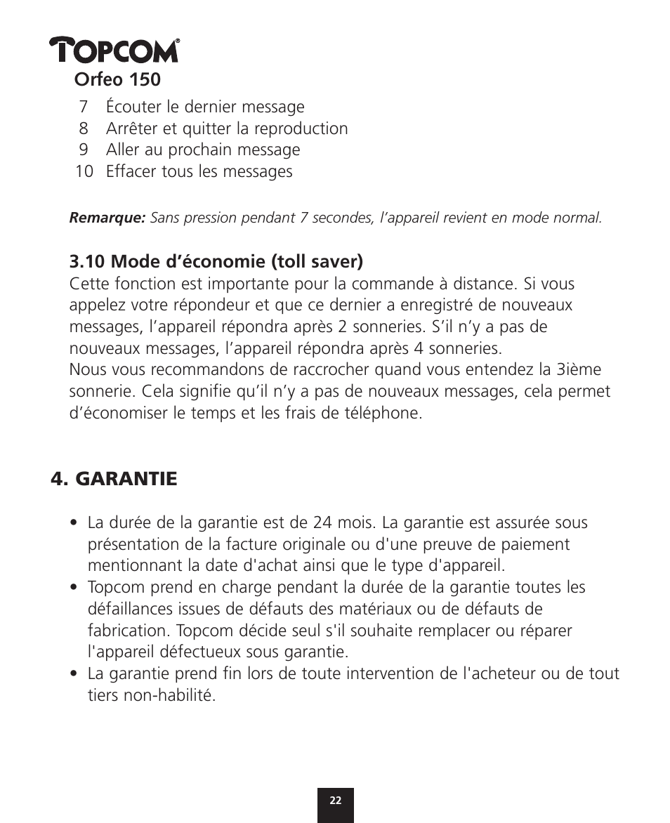 Topcom ORFEO 150 User Manual | Page 22 / 44