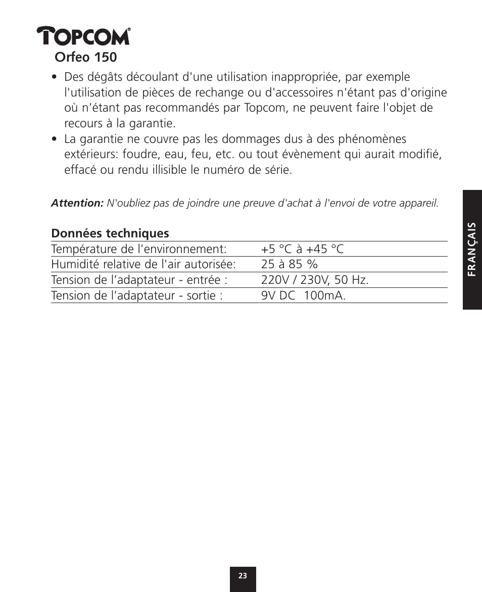 Topcom ORFEO 150 User Manual | Page 23 / 44