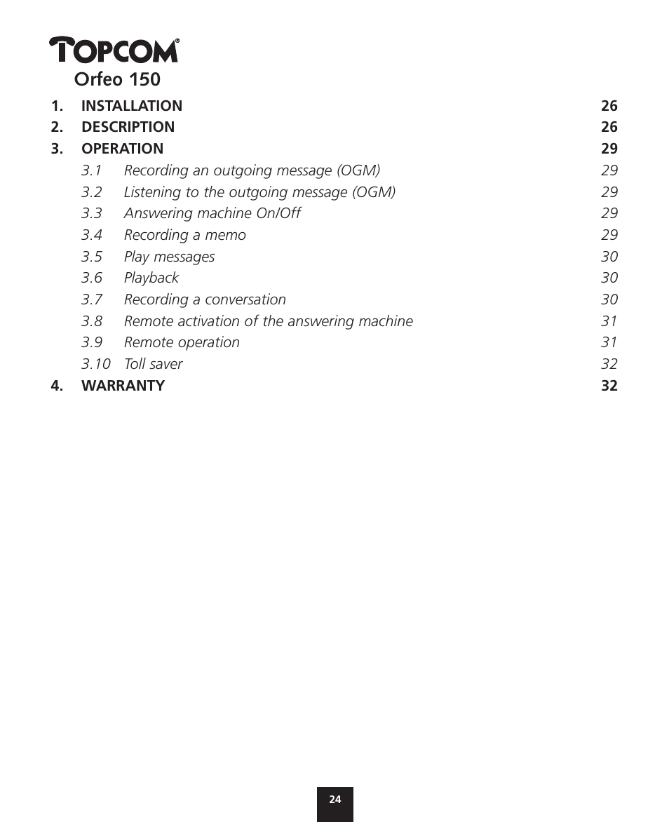English, Orfeo 150 | Topcom ORFEO 150 User Manual | Page 24 / 44