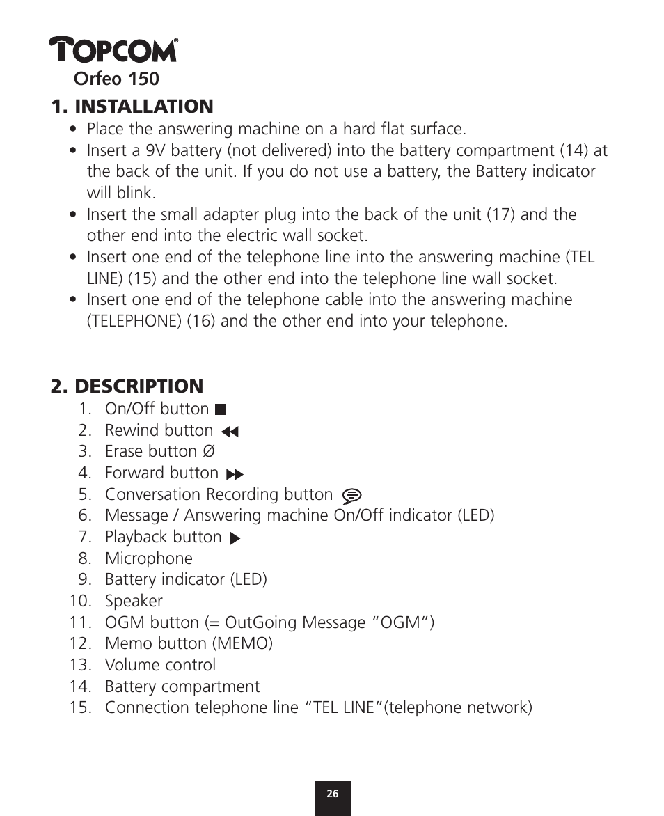 Topcom ORFEO 150 User Manual | Page 26 / 44