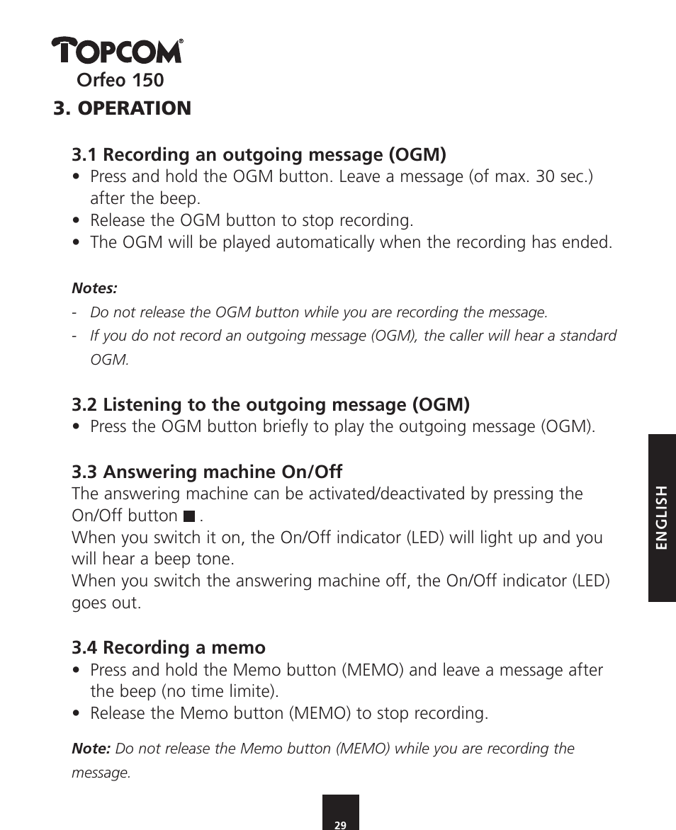 Operation | Topcom ORFEO 150 User Manual | Page 29 / 44